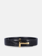 Black crocodile effect leather belt with T buckle -  | Spazio Pritelli