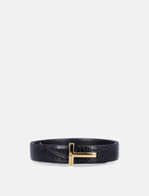 Black crocodile effect leather belt with T buckle -  | Spazio Pritelli