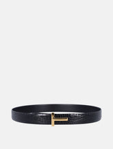 Black crocodile effect leather belt with T buckle -  | Spazio Pritelli