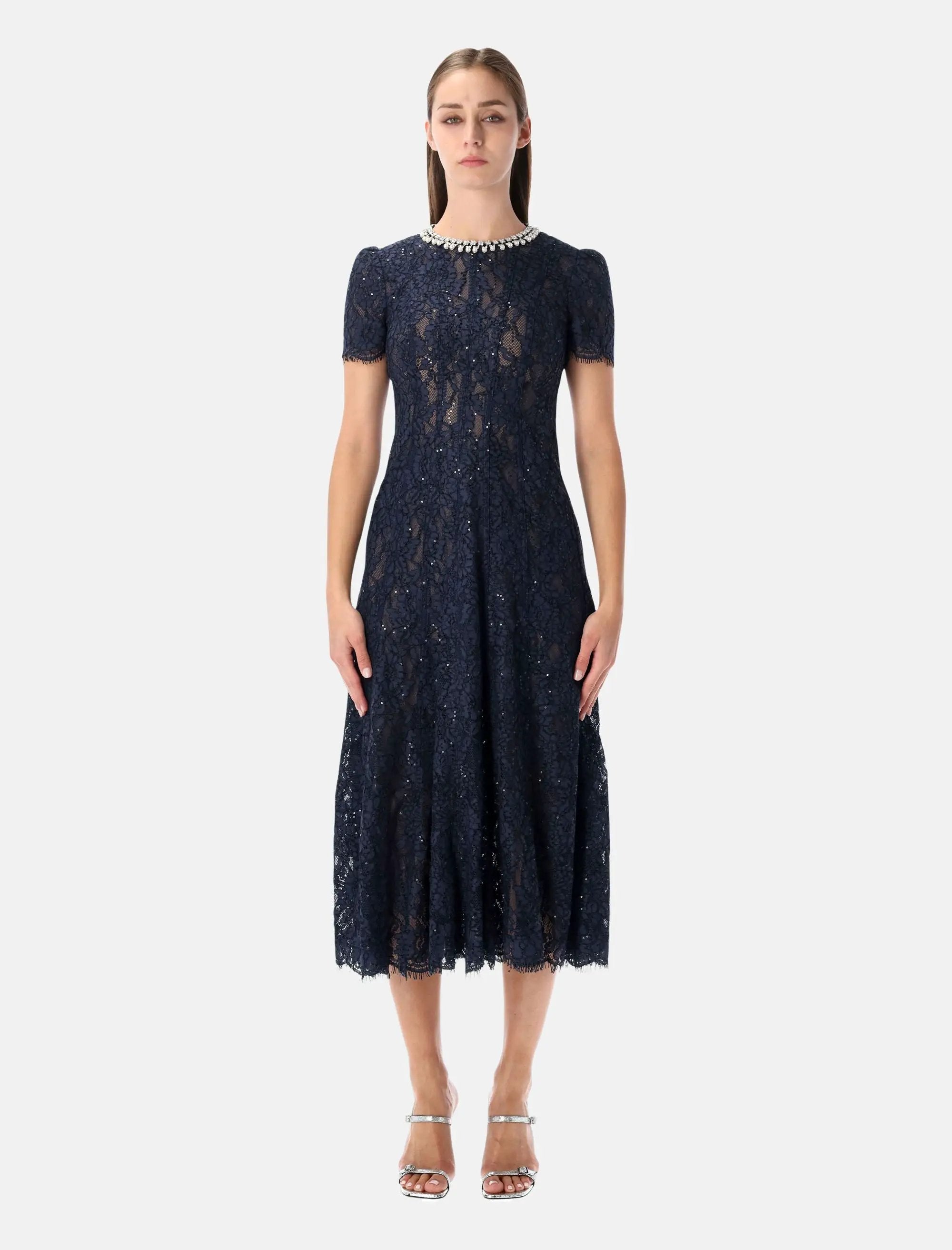 navy lace collar dress Navy Blue A-line High Neck Lace Short Sleeve Knee-length Homecoming Dresses, MH259