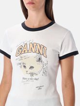 Ganni White Cropped Kitty Cotton T-shirt -  | Spazio Pritelli