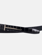 Black crocodile effect leather belt with T buckle -  | Spazio Pritelli