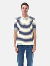 Prada Mens Knit Breton Stripe Short Sleeve Crewneck Cream Navy -  | Spazio Pritelli